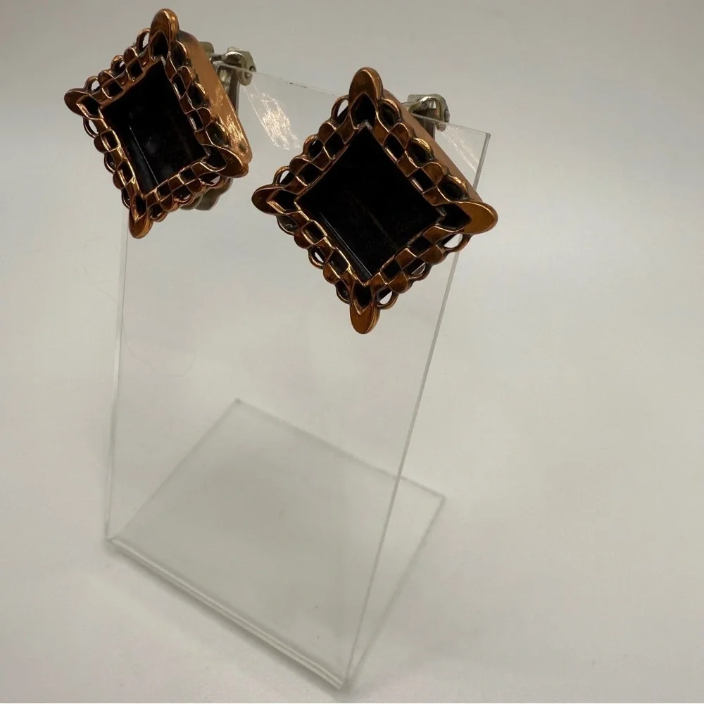 Vintage Renoir Ebony Lace Shadow Box Copper & Black Clip-On Earrings